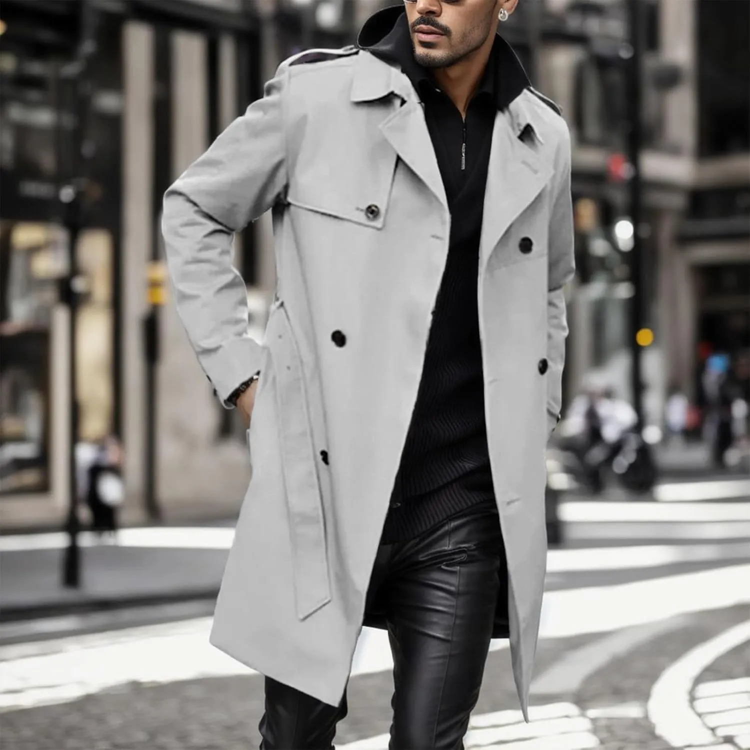 Men's Trench Coat Slim fit Double Breasted Belted Windbreaker Jacket Lapel Long Casual Windproof Overcoat