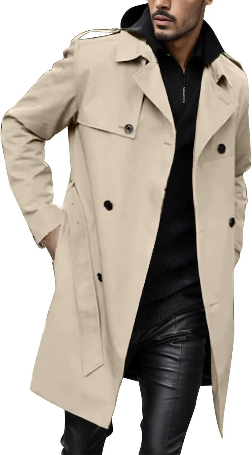 Men's Trench Coat Slim fit Double Breasted Belted Windbreaker Jacket Lapel Long Casual Windproof Overcoat