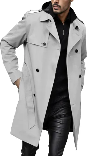 Men's Trench Coat Slim fit Double Breasted Belted Windbreaker Jacket Lapel Long Casual Windproof Overcoat