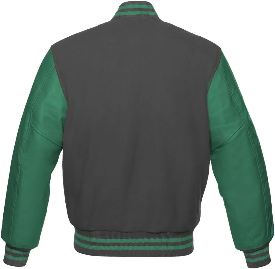 Men's Varsity Baseball Letterman Bomber Jacket Wool & Green Genuine Leather Sleeves