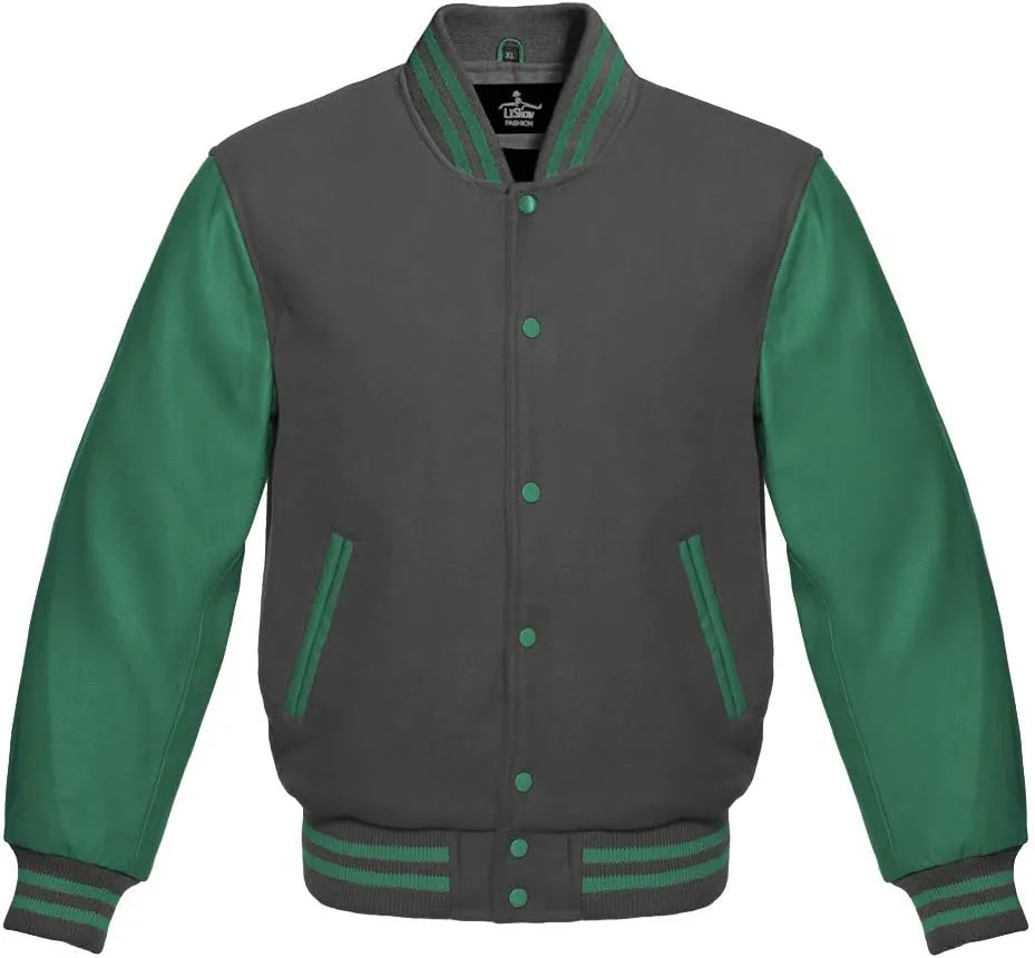 Men's Varsity Baseball Letterman Bomber Jacket Wool & Green Genuine Leather Sleeves