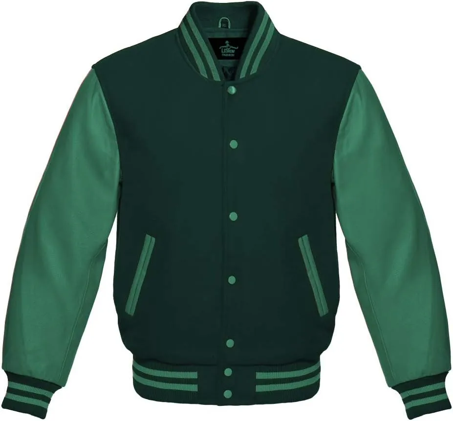 Men's Varsity Baseball Letterman Bomber Jacket Wool & Green Genuine Leather Sleeves
