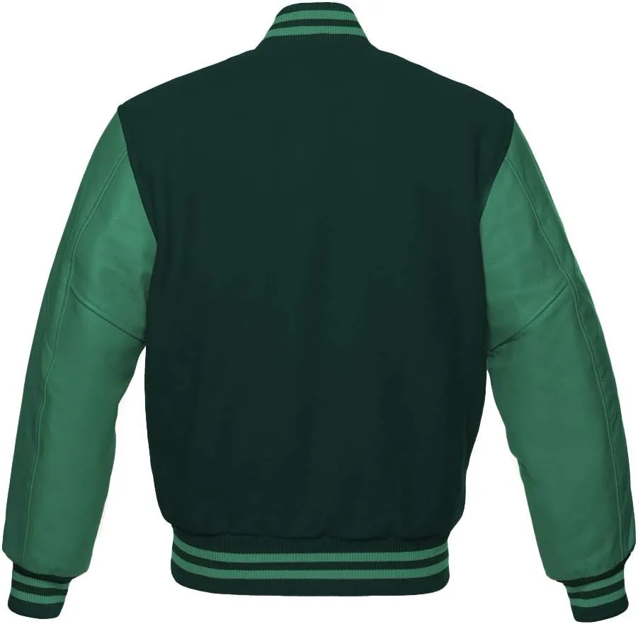 Men's Varsity Baseball Letterman Bomber Jacket Wool & Green Genuine Leather Sleeves