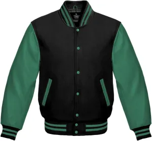 Men's Varsity Baseball Letterman Bomber Jacket Wool & Green Genuine Leather Sleeves