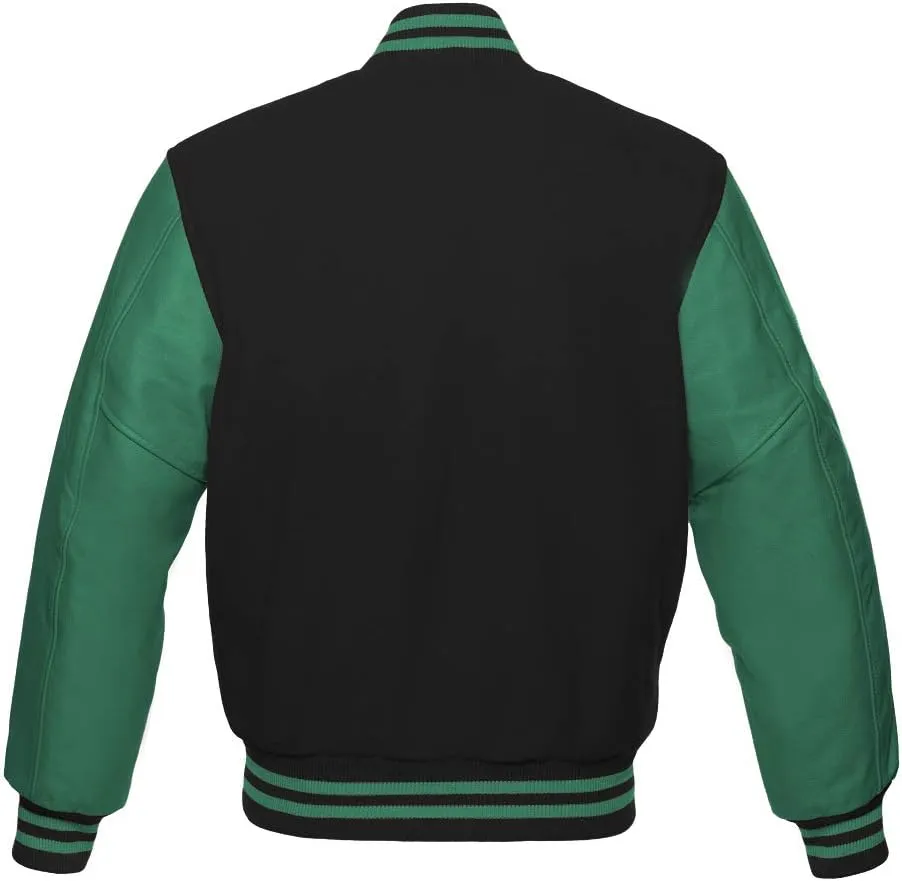 Men's Varsity Baseball Letterman Bomber Jacket Wool & Green Genuine Leather Sleeves
