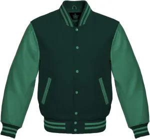 Men's Varsity Baseball Letterman Bomber Jacket Wool & Green Genuine Leather Sleeves