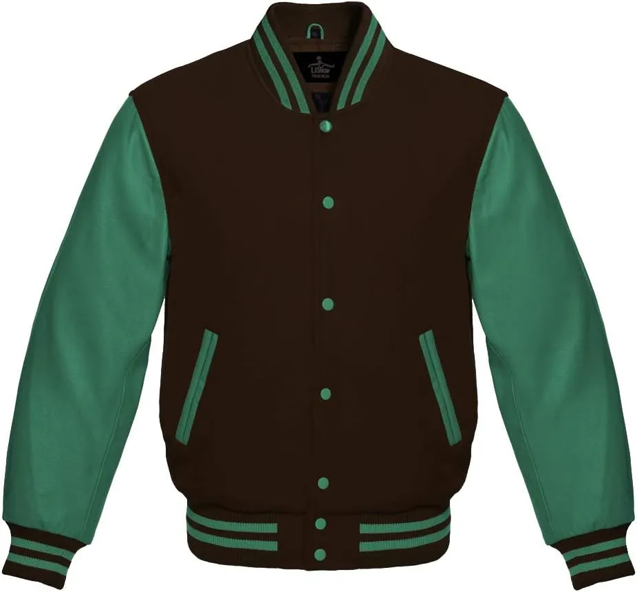 Men's Varsity Baseball Letterman Bomber Jacket Wool & Green Genuine Leather Sleeves