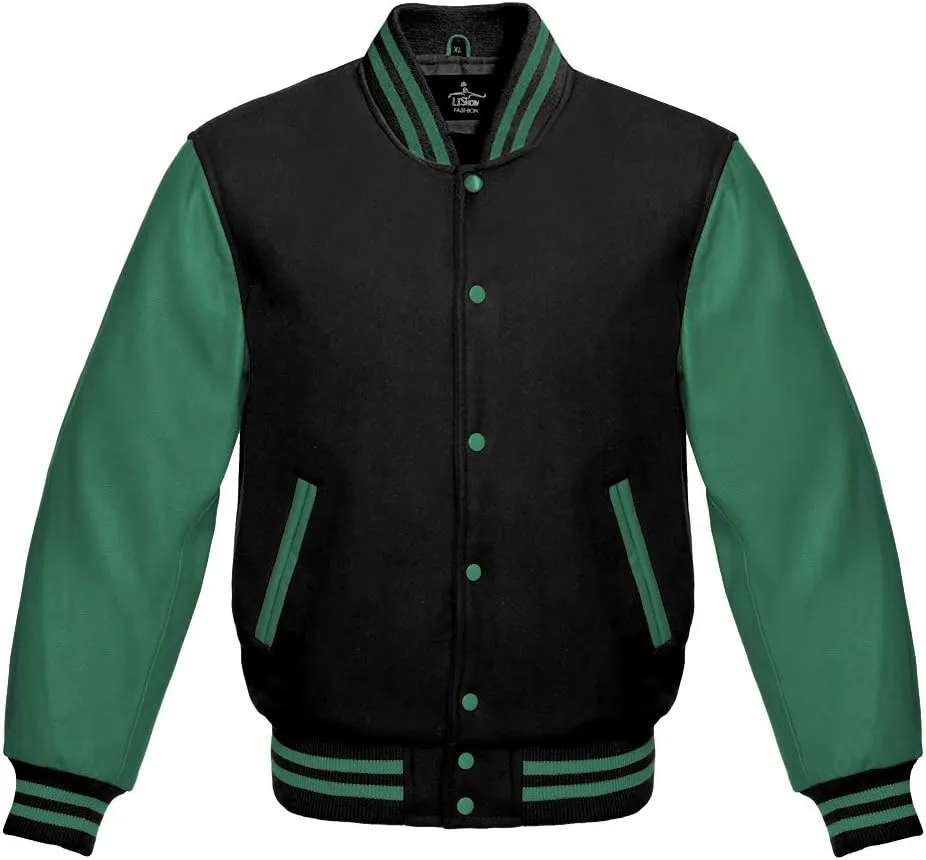 Men's Varsity Baseball Letterman Bomber Jacket Wool & Green Genuine Leather Sleeves