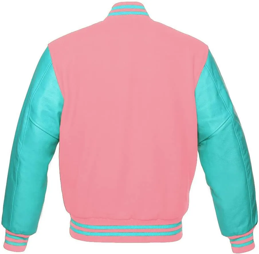 Men's Varsity Baseball Letterman Bomber Jacket Wool & Turquoise Genuine Leather Sleeves