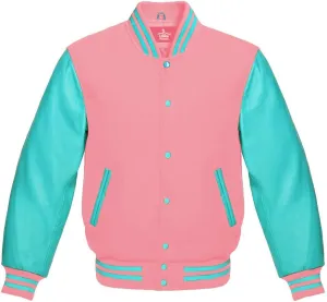 Men's Varsity Baseball Letterman Bomber Jacket Wool & Turquoise Genuine Leather Sleeves