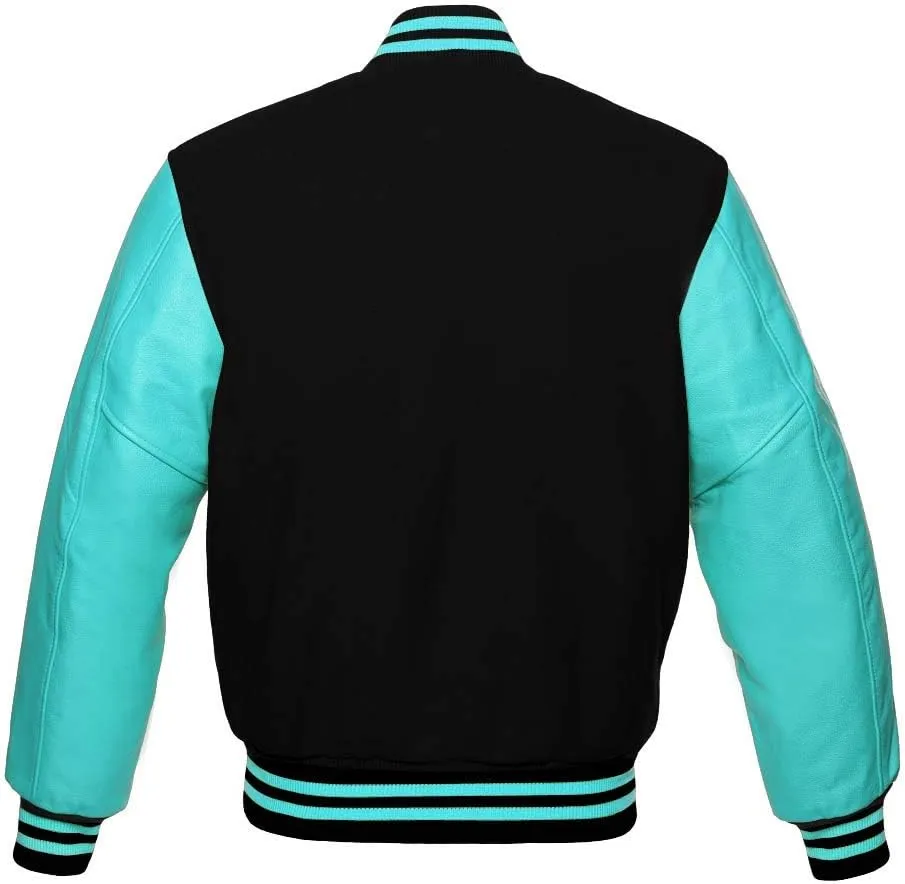 Men's Varsity Baseball Letterman Bomber Jacket Wool & Turquoise Genuine Leather Sleeves