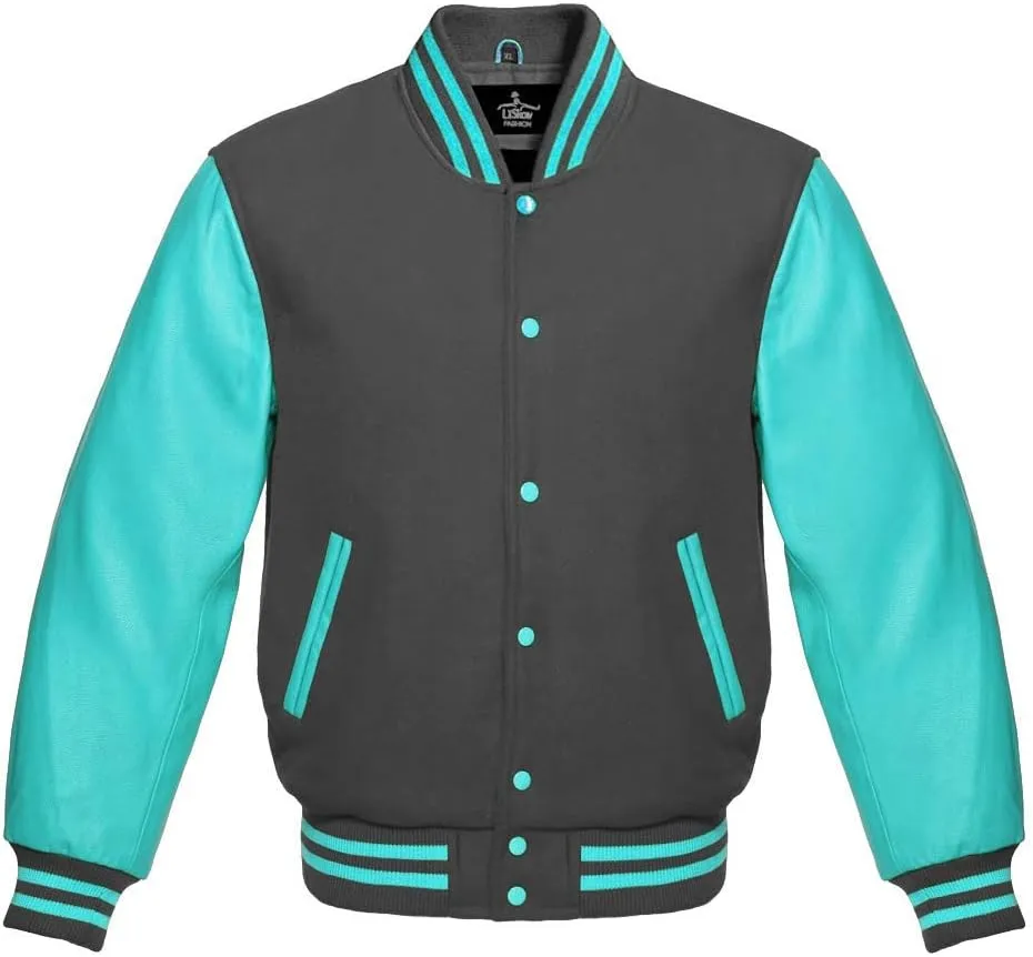Men's Varsity Baseball Letterman Bomber Jacket Wool & Turquoise Genuine Leather Sleeves