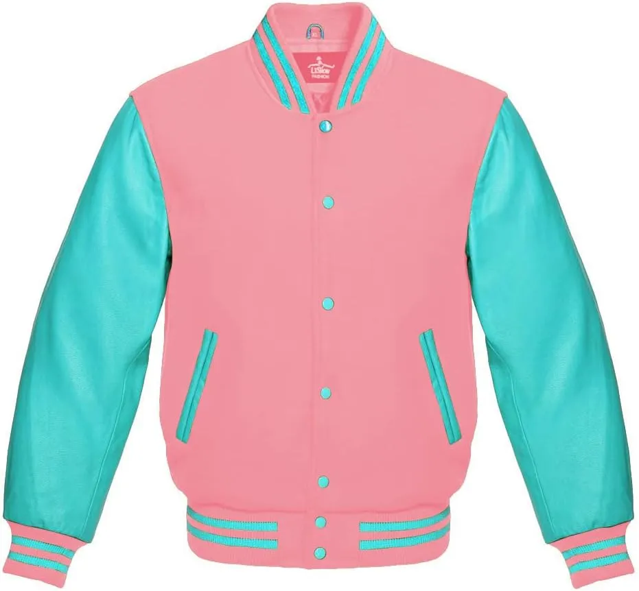 Men's Varsity Baseball Letterman Bomber Jacket Wool & Turquoise Genuine Leather Sleeves