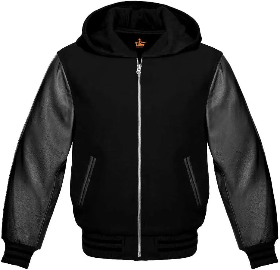 Men's Varsity Baseball Letterman Bomber Wool & Black Genuine Leather Sleeves Zipper Hoodie Jacket