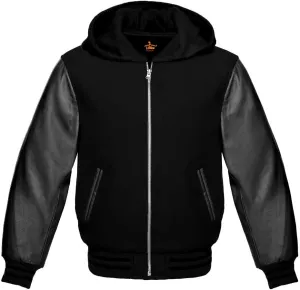 Men's Varsity Baseball Letterman Bomber Wool & Black Genuine Leather Sleeves Zipper Hoodie Jacket