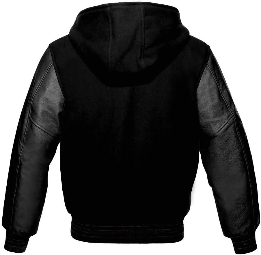 Men's Varsity Baseball Letterman Bomber Wool & Black Genuine Leather Sleeves Zipper Hoodie Jacket