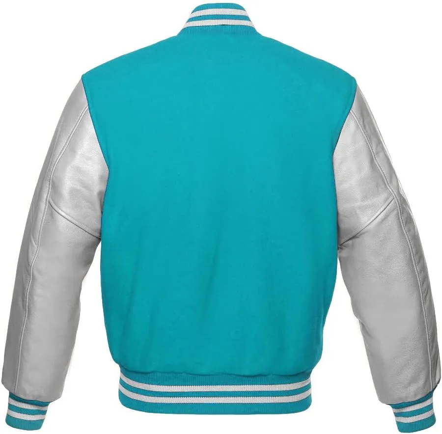 Men's Varsity Baseball Letterman Premium Tiffany Wool & Genuine Silver Leather Sleeves jackets