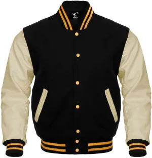 Men's Varsity Jacket Baseball Letterman College Wool Body & Leather Sleeves Black Large