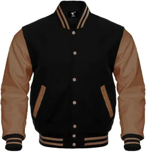Men's Varsity Jacket Baseball Letterman College Wool Body & Leather Sleeves Black Large