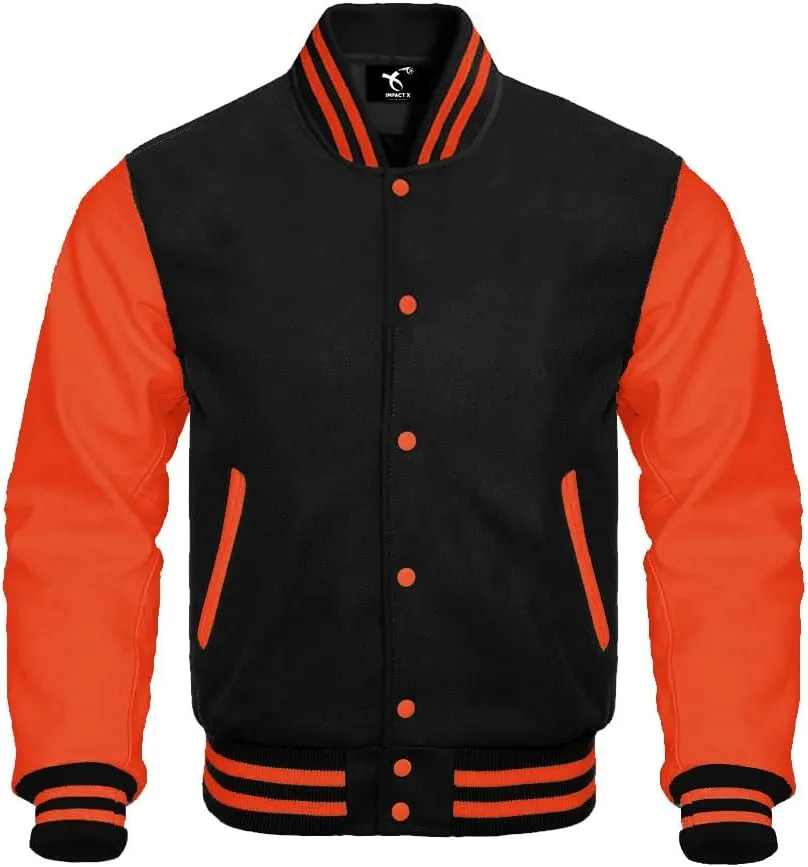 Men's Varsity Jacket Baseball Letterman College Wool Body & Leather Sleeves Black Large