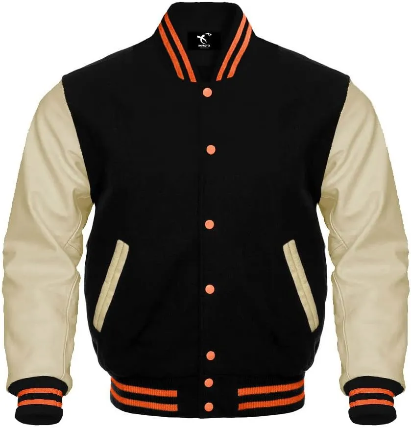 Men's Varsity Jacket Baseball Letterman College Wool Body & Leather Sleeves Black Large