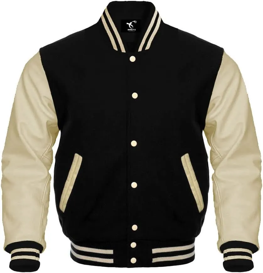 Men's Varsity Jacket Baseball Letterman College Wool Body & Leather Sleeves Black Large