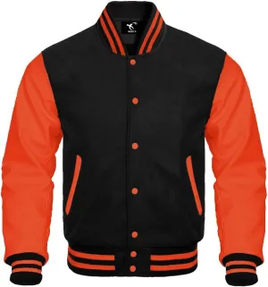Men's Varsity Jacket Baseball Letterman College Wool Body & Leather Sleeves Black Large