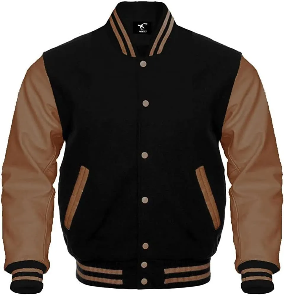 Men's Varsity Jacket Baseball Letterman College Wool Body & Leather Sleeves Black Large