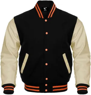 Men's Varsity Jacket Baseball Letterman College Wool Body & Leather Sleeves Black Large