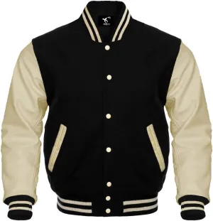 Men's Varsity Jacket Baseball Letterman College Wool Body & Leather Sleeves Black Large