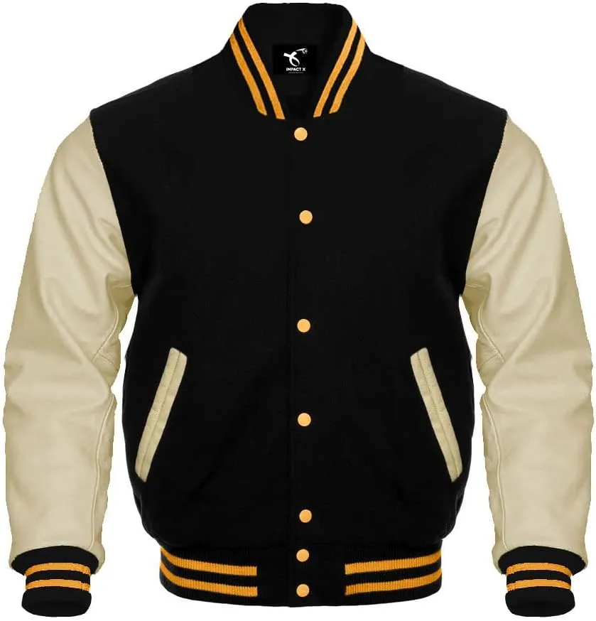 Men's Varsity Jacket Baseball Letterman College Wool Body & Leather Sleeves Black Large