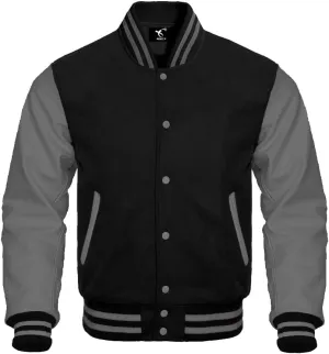 Men's Varsity Jacket Baseball Letterman College Wool Body & Leather Sleeves Black Large