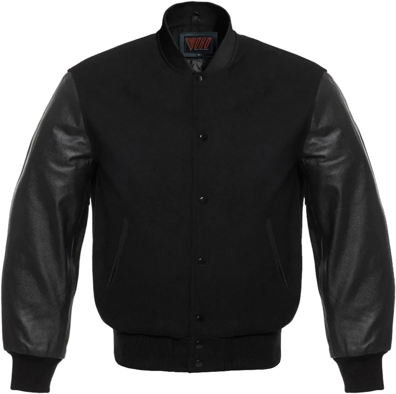 Mens Varsity Jacket Casual Lettermen Baseball Solid Black Wool & Leather Sleeves Jacket
