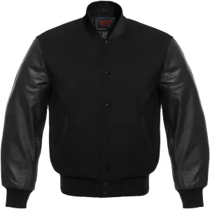Mens Varsity Jacket Casual Lettermen Baseball Solid Black Wool & Leather Sleeves Jacket
