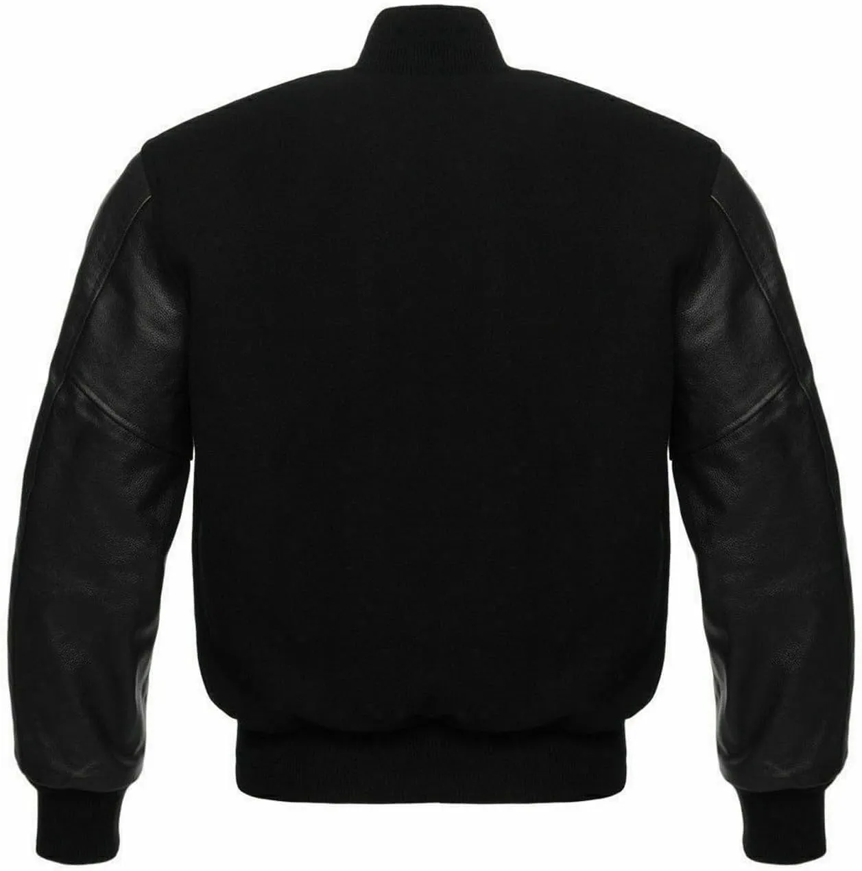 Mens Varsity Jacket Casual Lettermen Baseball Solid Black Wool & Leather Sleeves Jacket