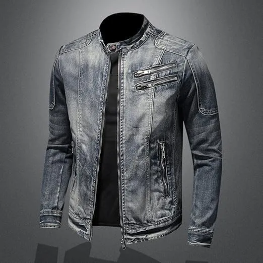 Men's Vintage Stand Collar Denim Jacket Casual Lightweight Distressed Motorcycle Coat Slim Zipper Warm Jean Jacket