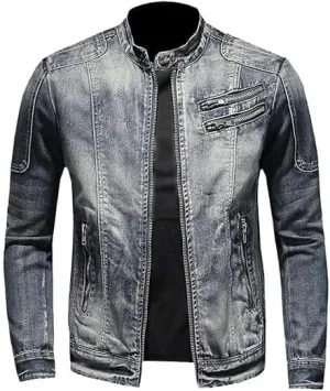 Men's Vintage Stand Collar Denim Jacket Casual Lightweight Distressed Motorcycle Coat Slim Zipper Warm Jean Jacket