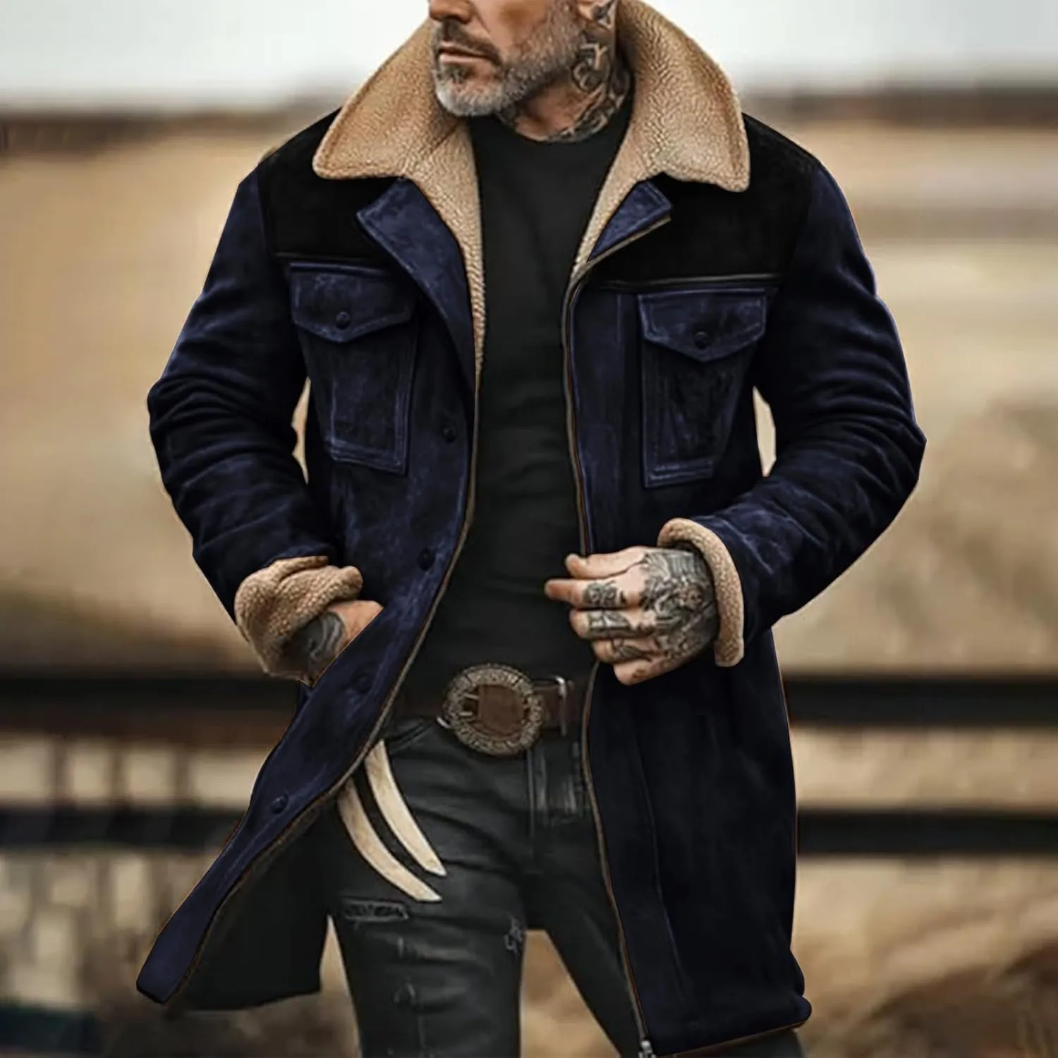 Men's Vintage Suede Jacket Faux Leather Jacket Plush Collar Coats Zip Up Motorcycle Jacket Western Coats Retro Tops