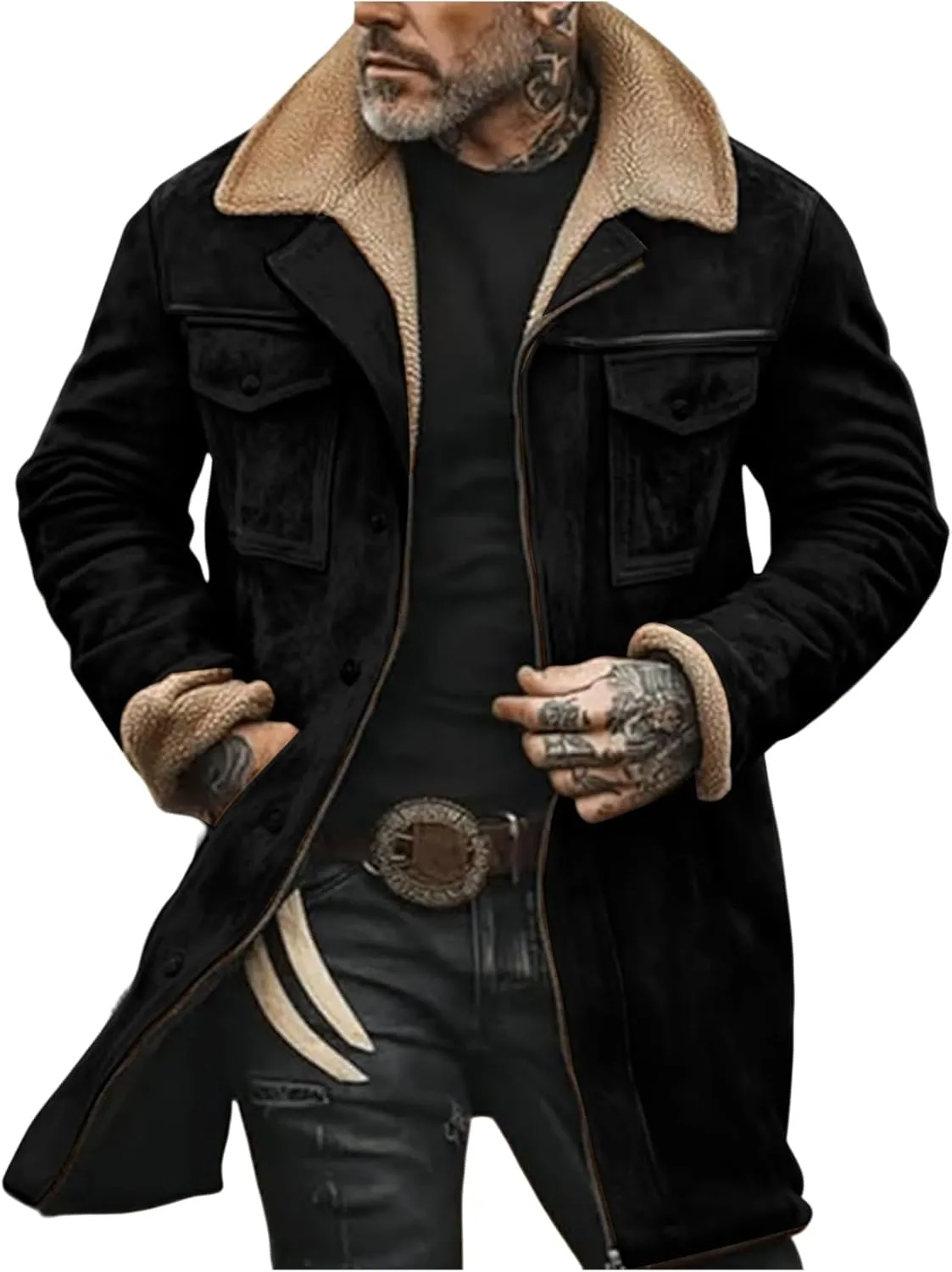Men's Vintage Suede Jacket Plush Collar Coats Faux Leather Jacket Men Zip Up Motorcycle Jacket Coats Retro Tops