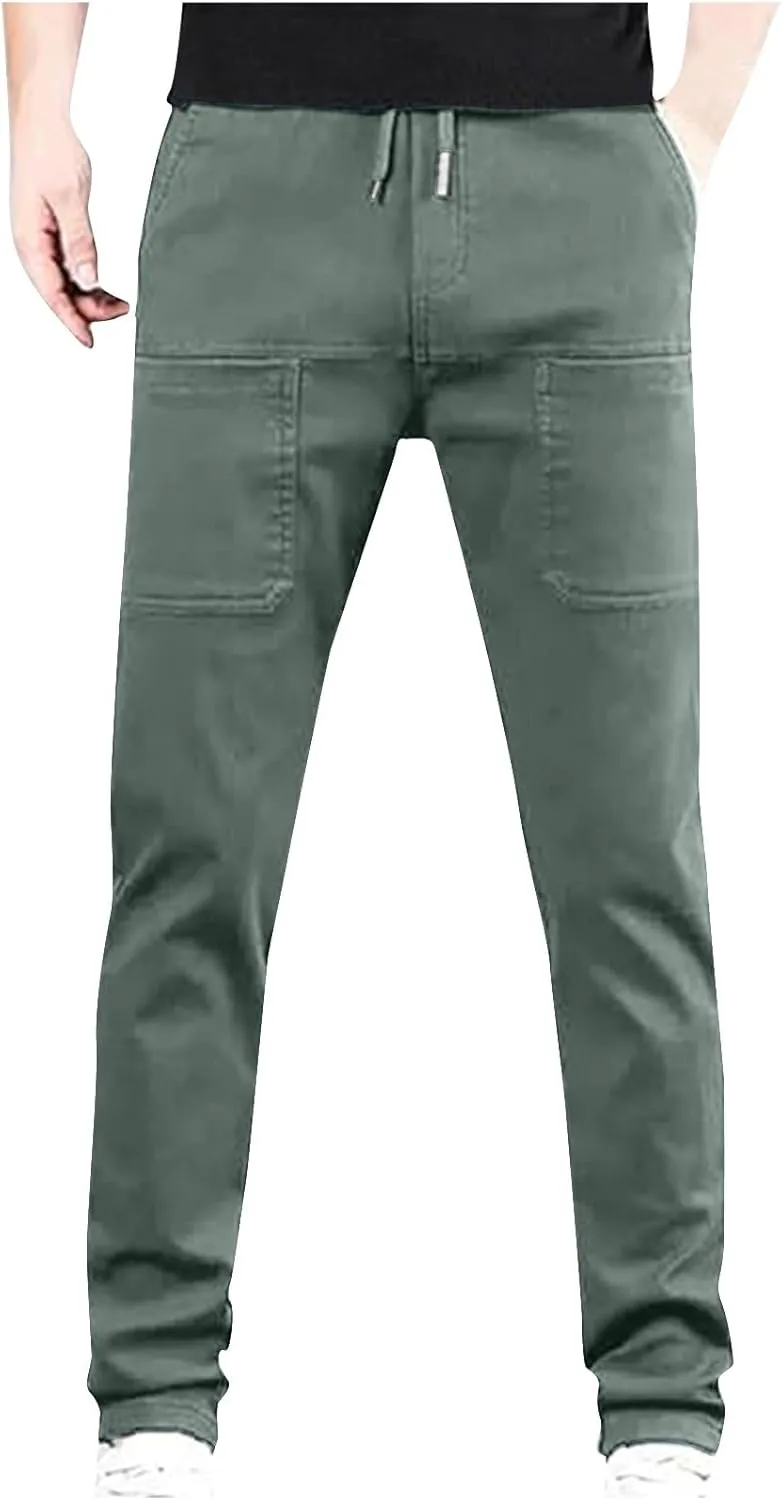 Men's Waterproof Cargo Pants Outdoor Running Hiking Elastic Waist Trousers Plus Size Drawstring Pants with Pockets