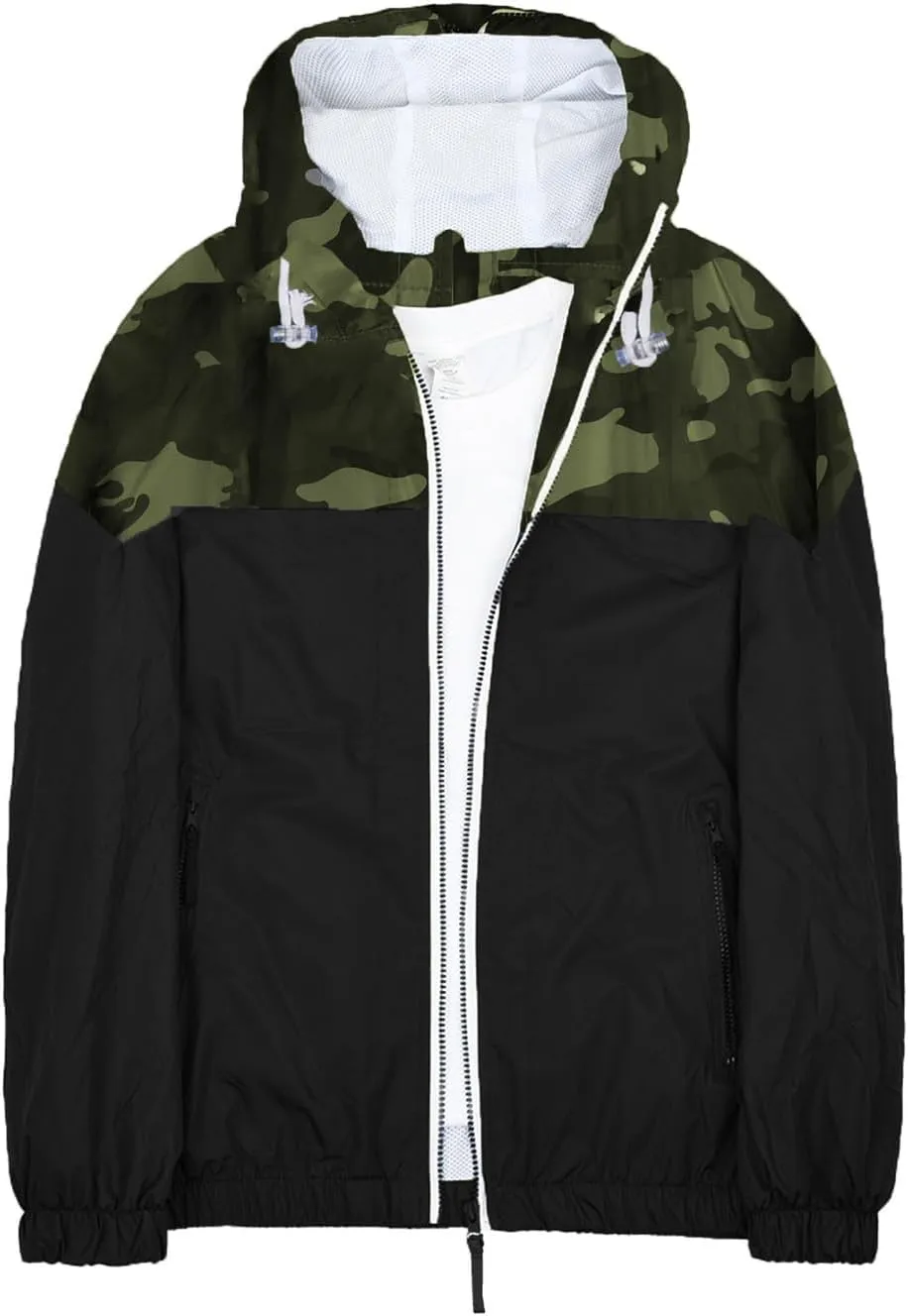 Mens Zip Up Jackets Hooded Waterproof Retro Windbreakers Loose Coats Fashion Lapel Color Block Clothes with Pocket