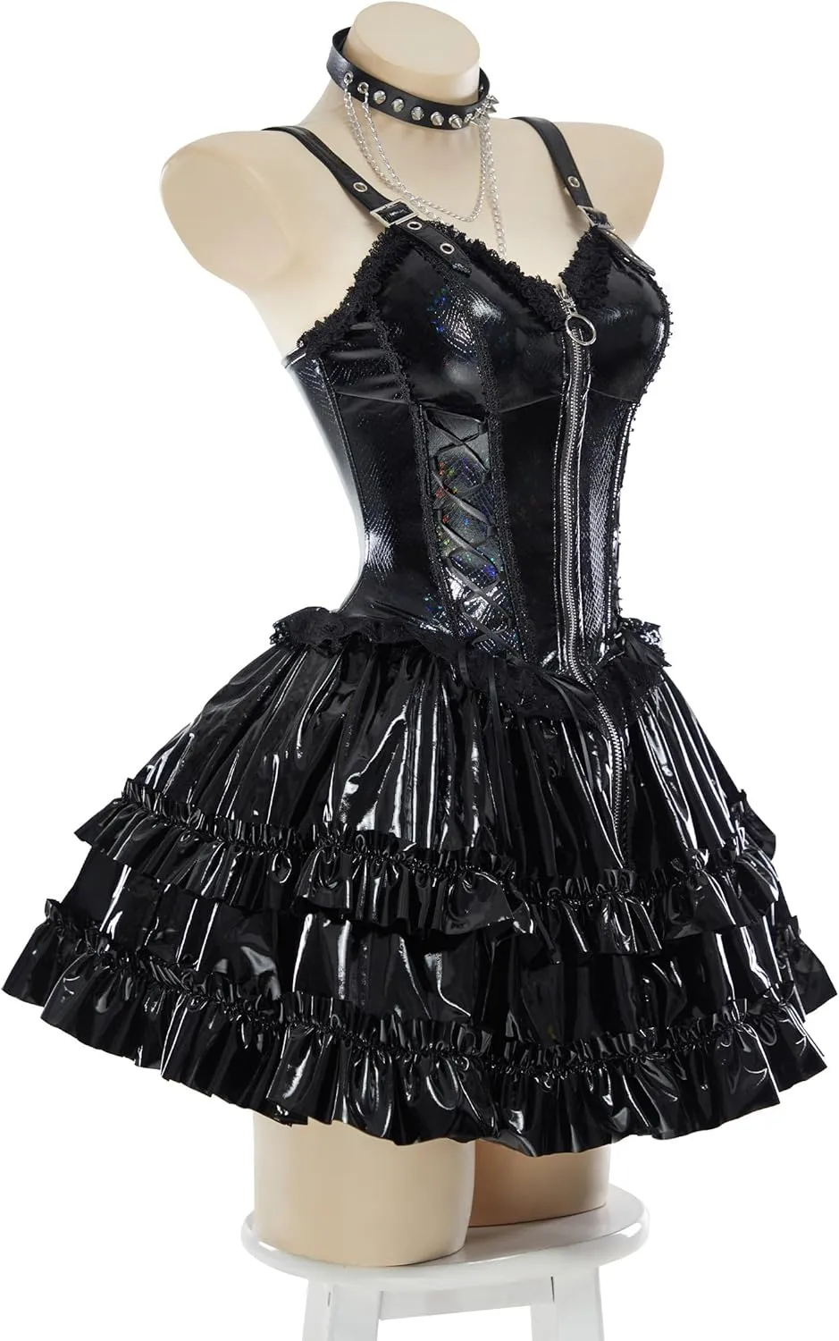 MEOWCOS Women's Gothic Camisole Dress PU Leather A - line Goth Dress Halloween Dress