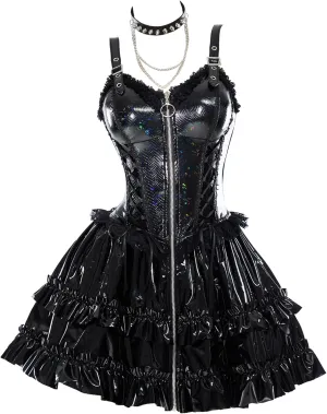 MEOWCOS Women's Gothic Camisole Dress PU Leather A - line Goth Dress Halloween Dress
