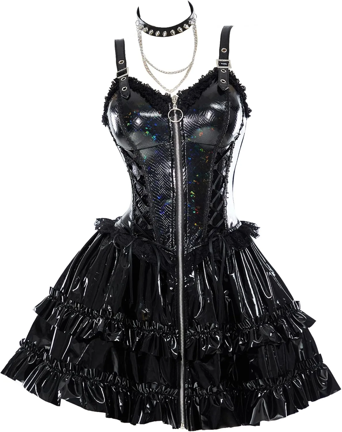 MEOWCOS Women's Gothic Camisole Dress PU Leather A - line Goth Dress Halloween Dress