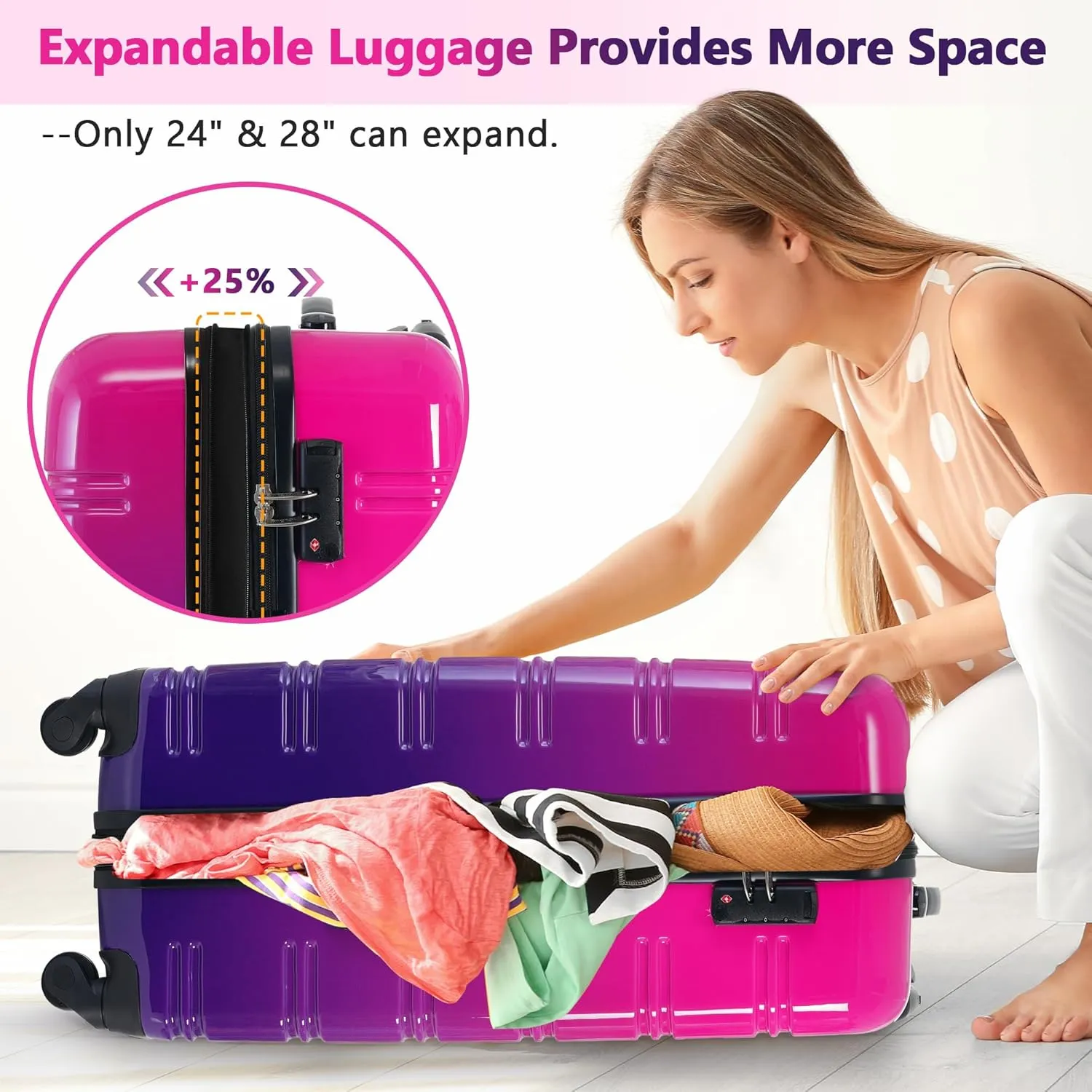 Merax Suitcase Set, Hardshell Luggage Sets 3 Piece with Spinner Wheels, Expandable Gradient Color Suitcase with TSA Lock Lightweight 20" 24" 28", Purple and Pink