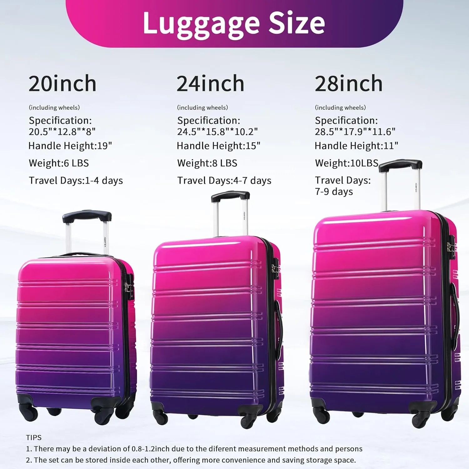 Merax Suitcase Set, Hardshell Luggage Sets 3 Piece with Spinner Wheels, Expandable Gradient Color Suitcase with TSA Lock Lightweight 20" 24" 28", Purple and Pink