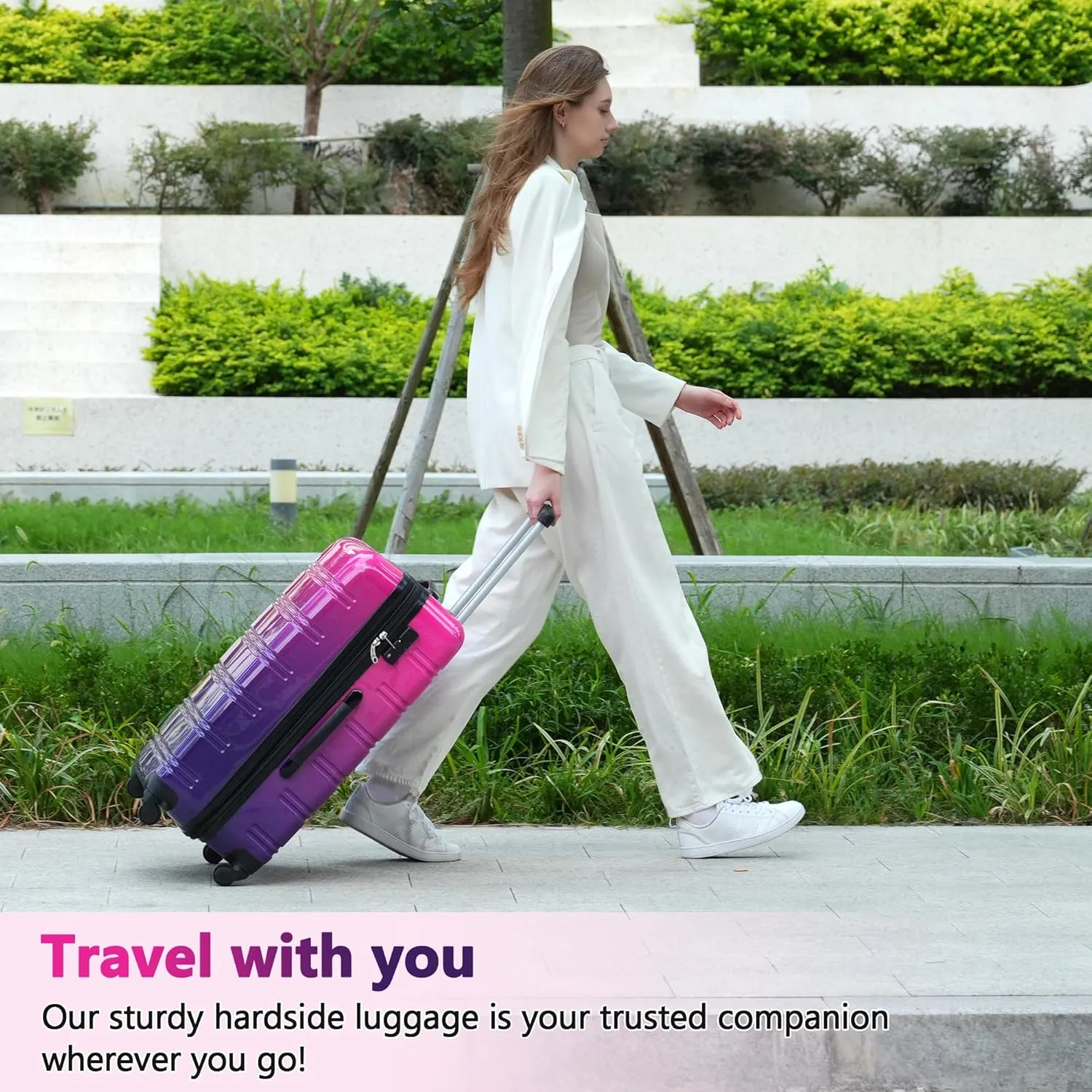Merax Suitcase Set, Hardshell Luggage Sets 3 Piece with Spinner Wheels, Expandable Gradient Color Suitcase with TSA Lock Lightweight 20" 24" 28", Purple and Pink