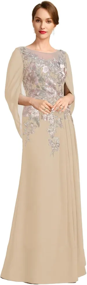 Mermaid Evenings Mother of The Groom Dresses for Wedding Long Embroidered Chiffon Formal Dress with Shawl Cap Sleeves