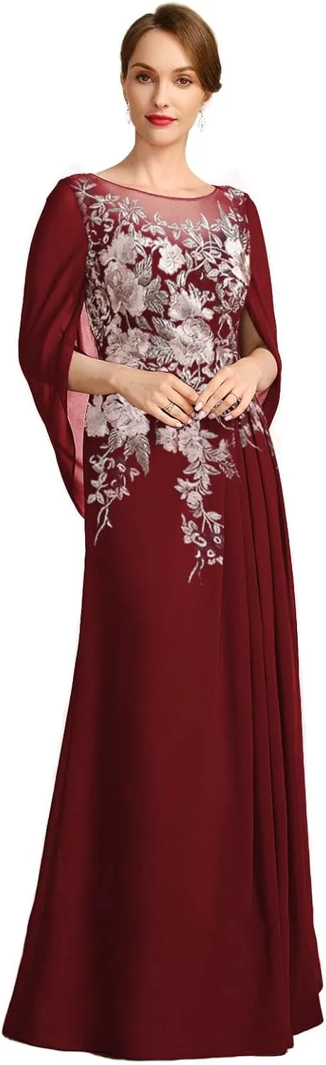 Mermaid Evenings Mother of The Groom Dresses for Wedding Long Embroidered Chiffon Formal Dress with Shawl Cap Sleeves