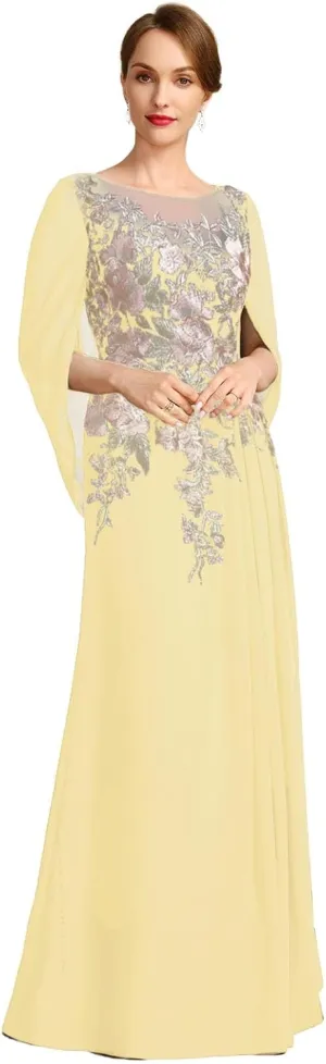 Mermaid Evenings Mother of The Groom Dresses for Wedding Long Embroidered Chiffon Formal Dress with Shawl Cap Sleeves